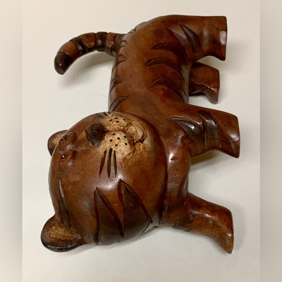 Vintage Mid Century Antique Solid Hand Carved Baby Tiger Cat Figurine Sculpture - Picture 7 of 16
